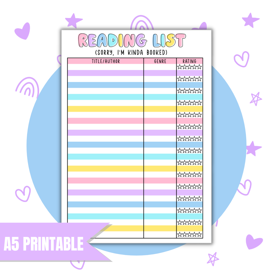 A5 Reading List | Full Page Digital Sticker |