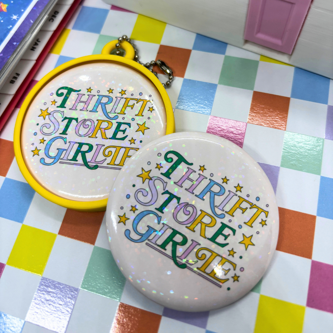 Thrift Store Girlie | Large| Pin Back Button + Button Keeper Bag Charm